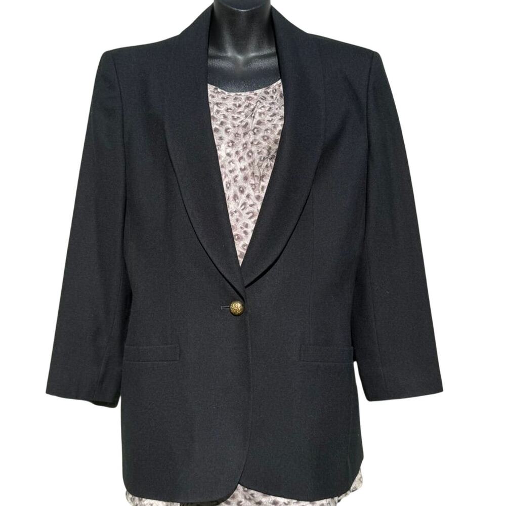 Vintage 80s Evan Picone Black Wool Blazer Gold Button‎ USA Size 10